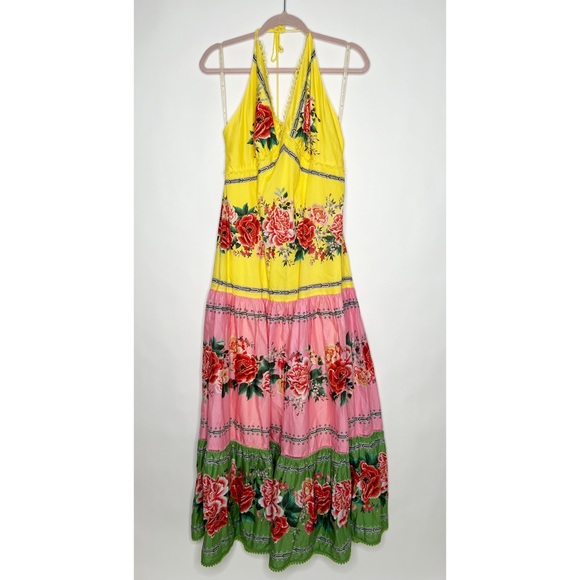 COPY - Farm Rio Manuela Floral Pastel Dress Yellow Pink Green Halter Maxi New S… - Picture 1 of 12